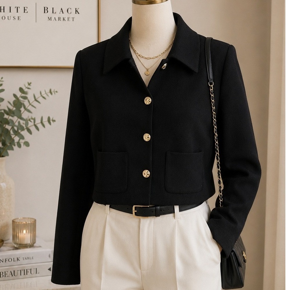 H&M Womens Blazer Black Cropped Gold Button Military Professional S